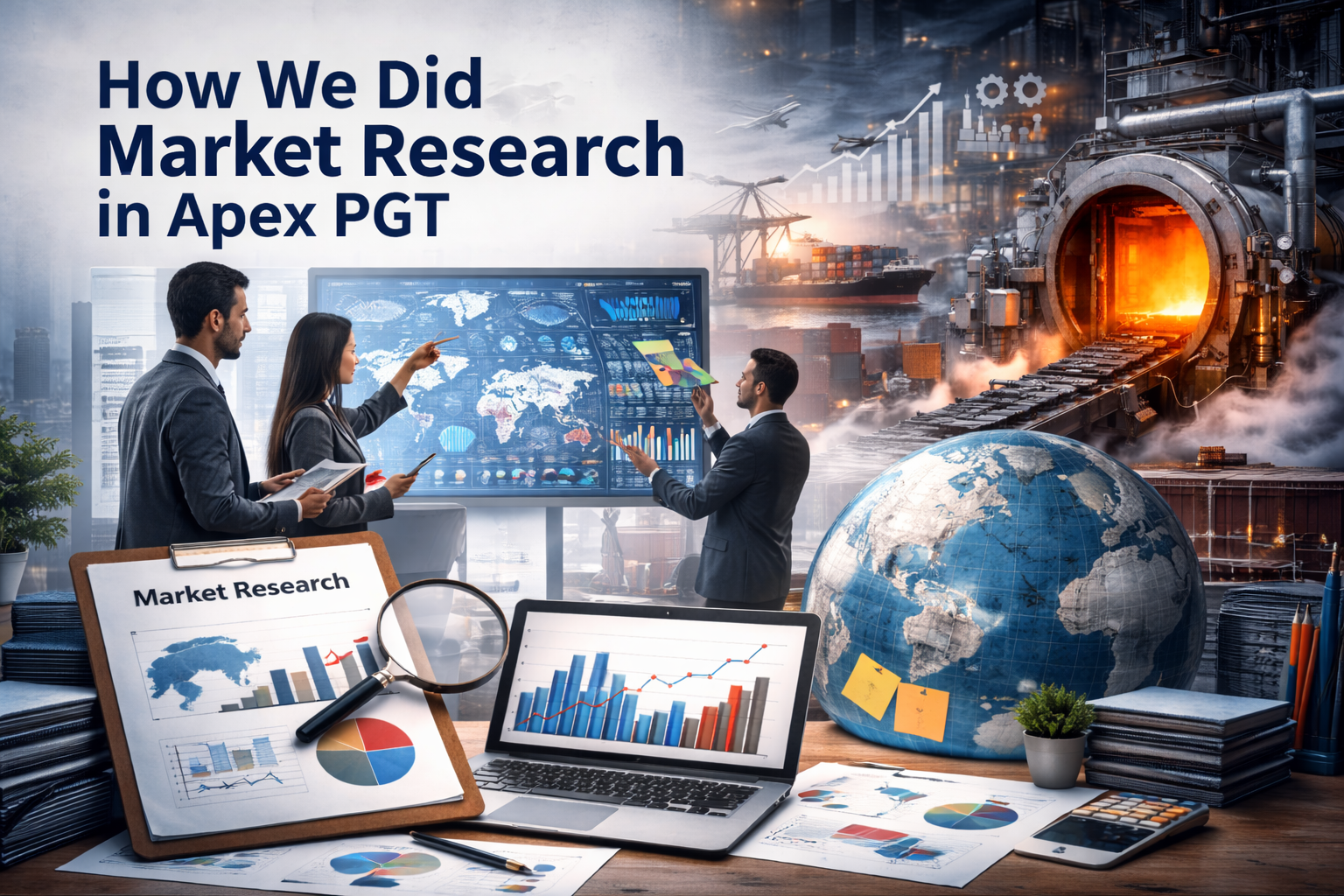 Industrial market research scene at Apex Prime General Trading, featuring a cooling furnace, global trade charts, laptops with data analytics, and professionals analyzing market trends.