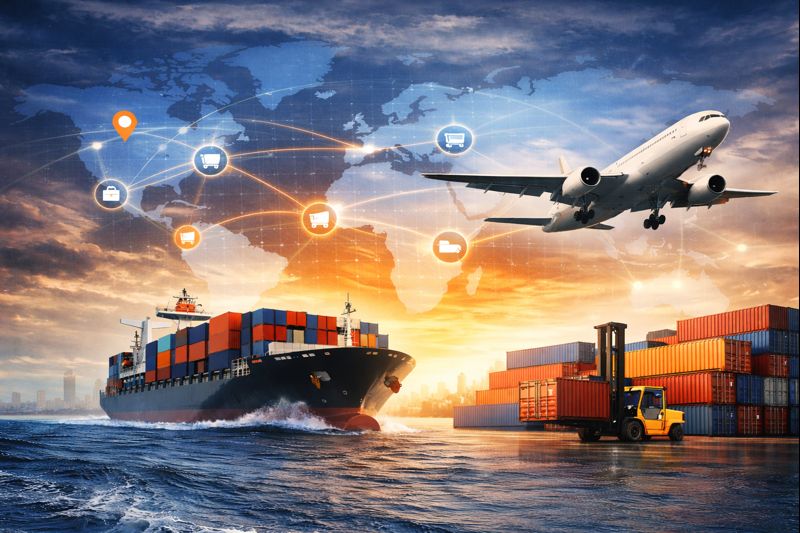 Illustration of global import and export logistics, showing a cargo ship at sea, shipping containers, a forklift, an airplane in flight, and a world map with glowing trade routes, representing international trade and supply chain services.
