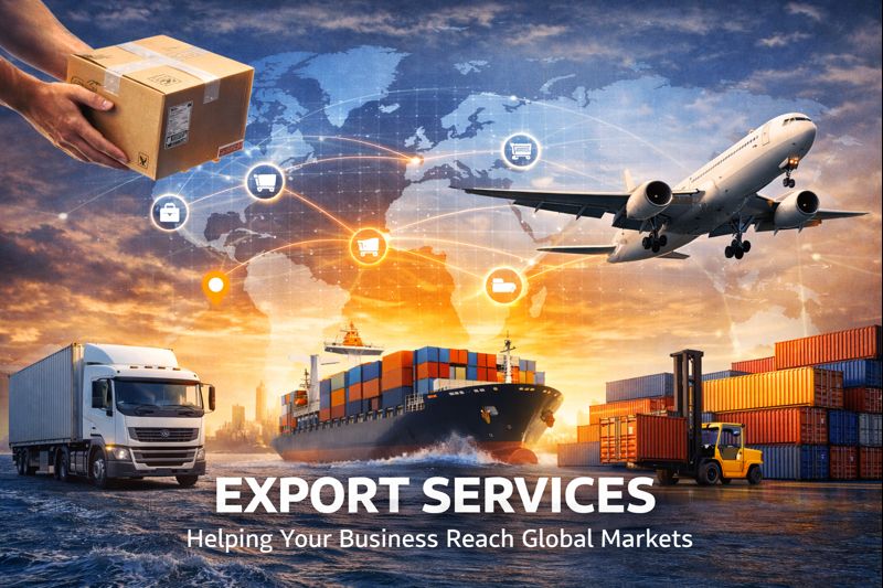 Illustration of global export services showing a cargo ship leaving port, shipping containers, a forklift, a truck, an airplane in flight, and a world map with glowing trade routes, emphasizing international logistics and business expansion.