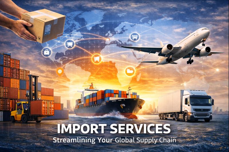 Illustration of global import services showing a cargo ship arriving at port, shipping containers being unloaded by a forklift, a truck, an airplane in flight, and a world map with glowing trade routes, representing international logistics and supply chain management.