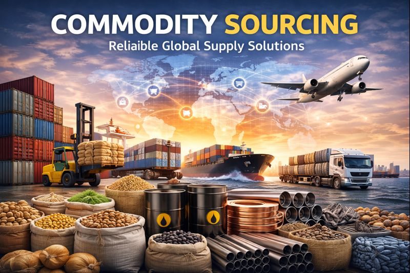 Illustration of commodity sourcing showing agricultural products, metal pipes, oil barrels, shipping containers, a cargo ship, trucks, forklifts, an airplane, and a world map with global trade routes, representing reliable international supply chain and sourcing solutions.