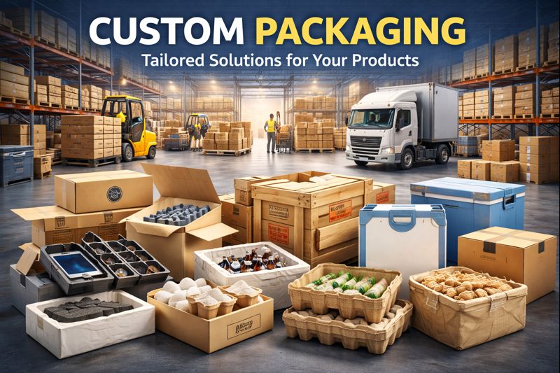 Illustration of custom packaging solutions showing various packaging types such as branded boxes, foam inserts, wooden crates, eco-friendly packaging materials, and protective containers inside a modern logistics warehouse with forklifts and delivery trucks.