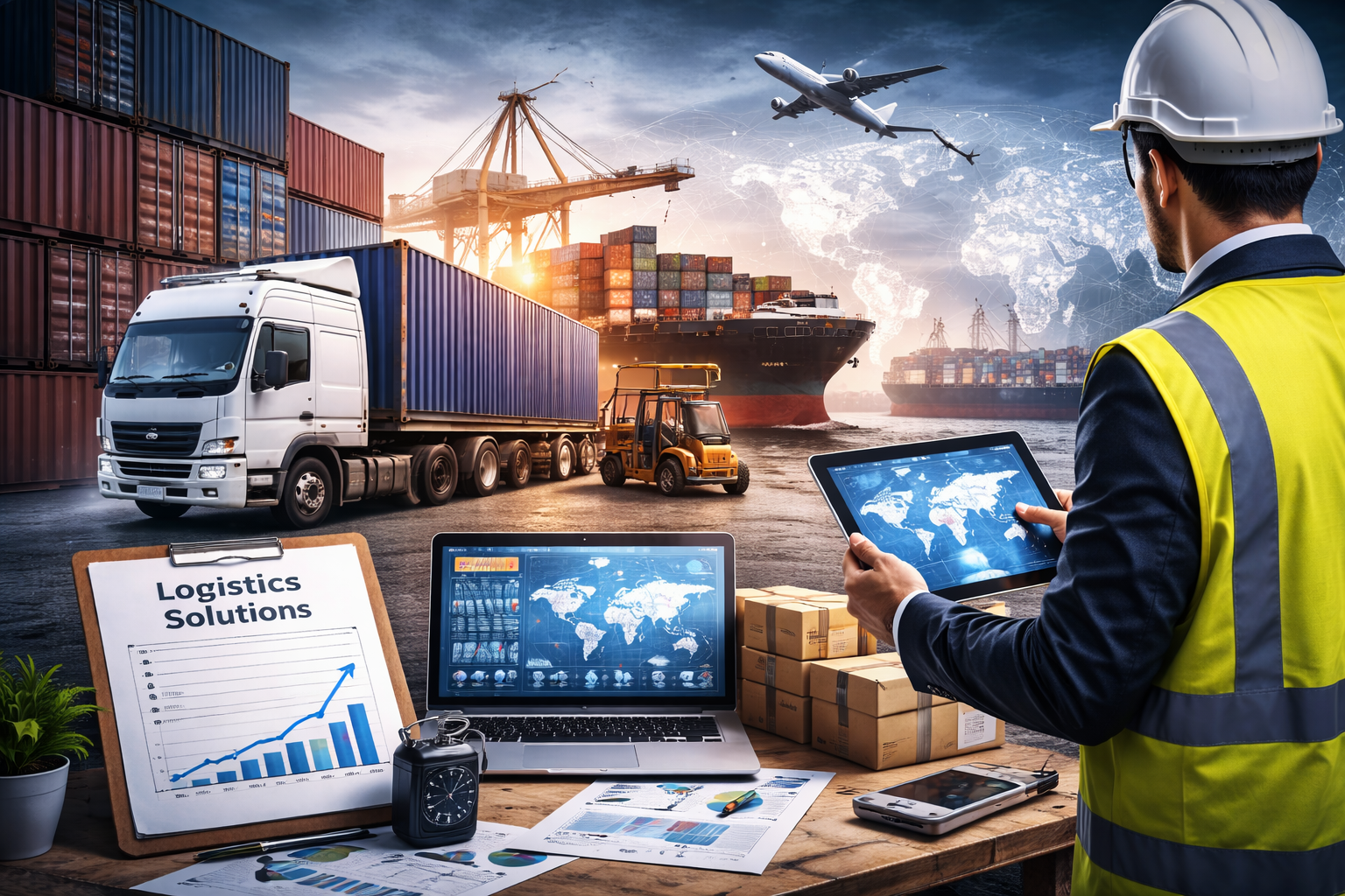 "Logistics solutions scene showing a coordinator using a tablet to track shipments, cargo trucks, shipping containers, cargo ships, and airplanes, representing Apex Prime General Trading's global supply chain management."