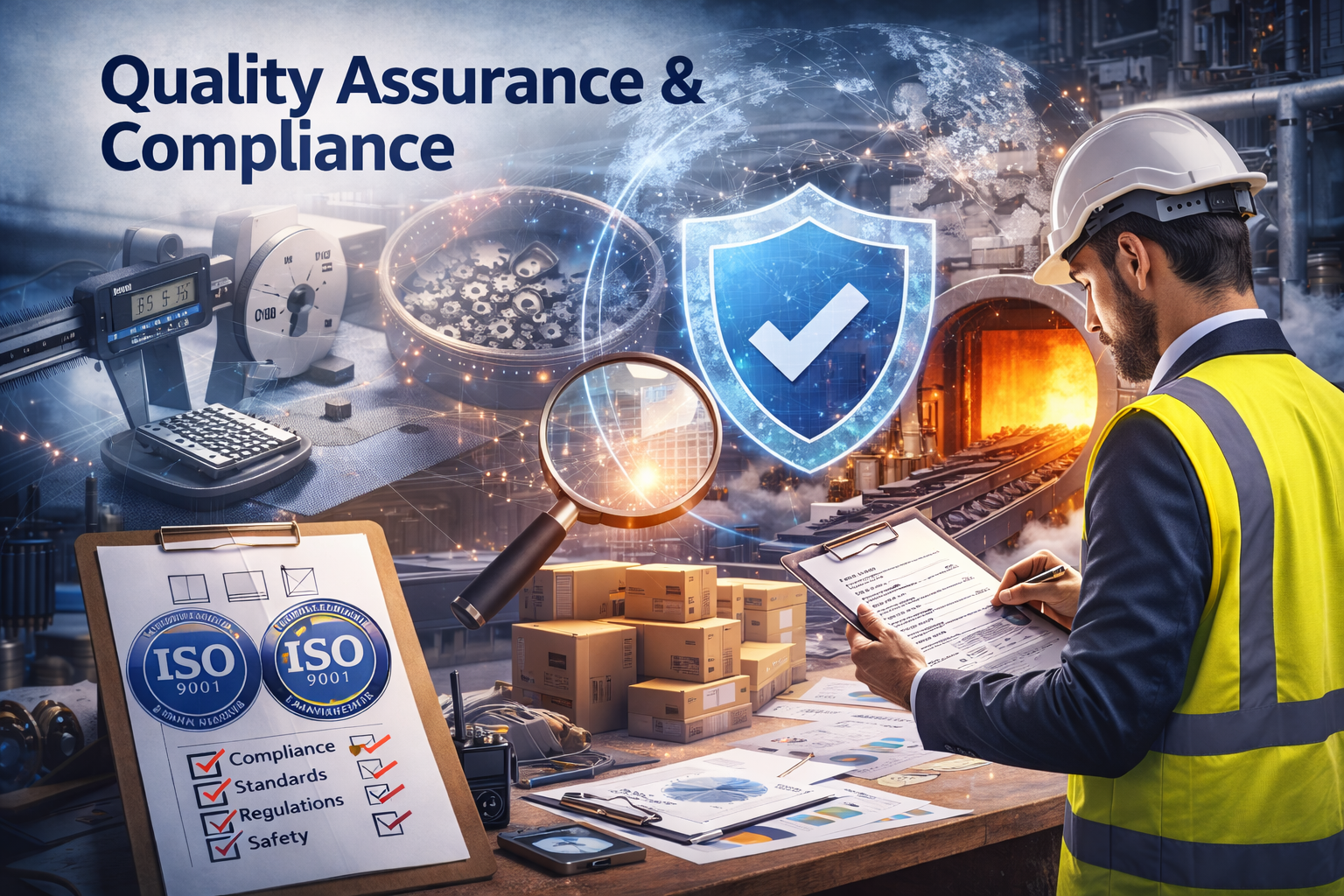 "Quality assurance and compliance in industrial trading at Apex Prime General Trading, showing an inspector reviewing documents, ISO certification badges, cooling furnace, and checklists to ensure safety, standards, and regulations."